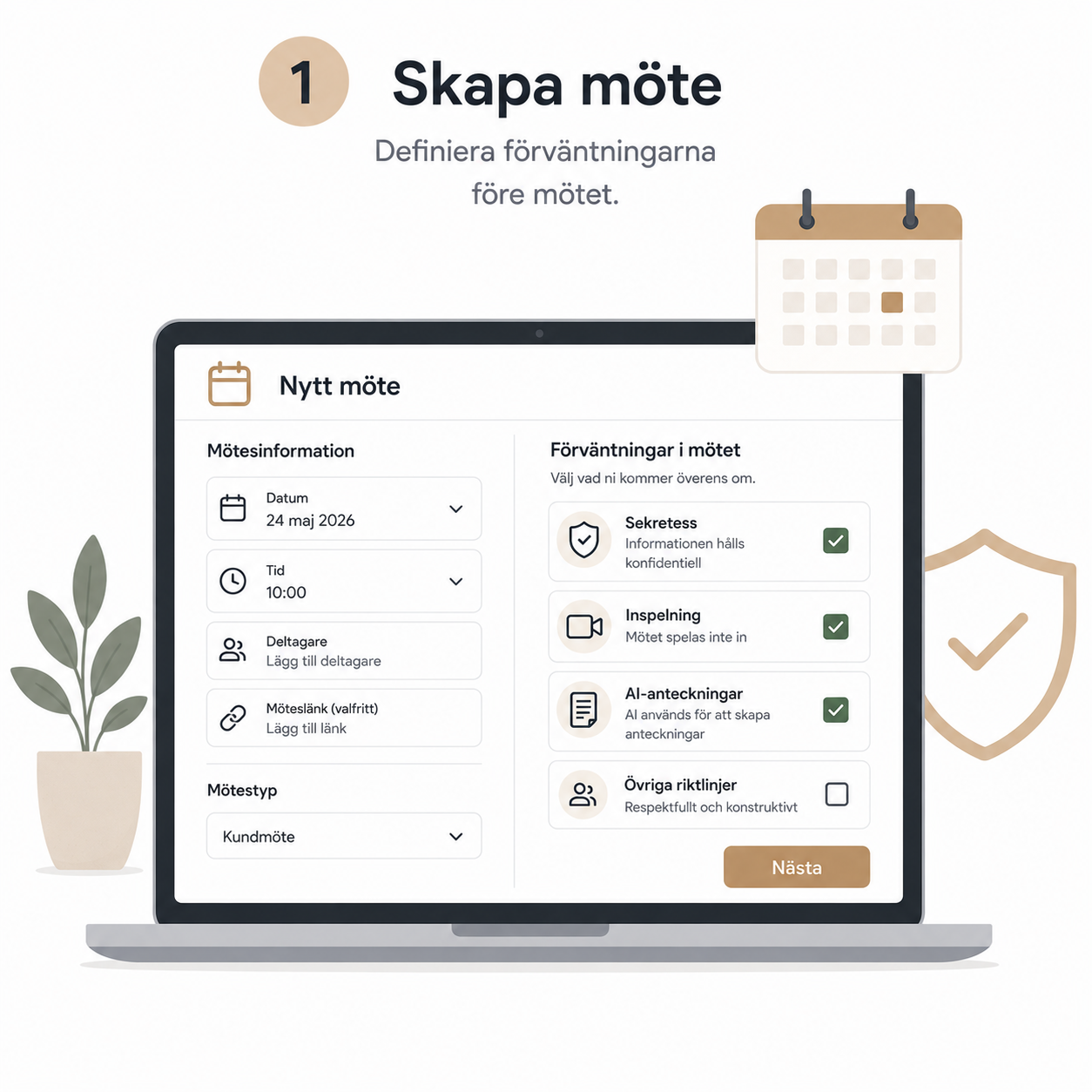 Illustration av hur organisatören skapar ett möte och förbereder överenskommelsen.
