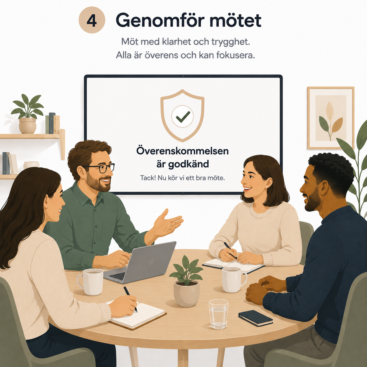 Illustration av deltagare som genomför mötet med gemensamt överenskomna spelregler.